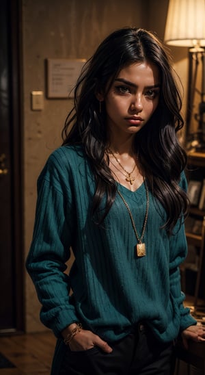 A solitary female prisoner stands with a defiant gaze, her long black hair cascading over one eye. Her wavy locks are messy and unkempt, framing her closed-mouth expression. She wears a striped shirt with long sleeves, adorned with a chain necklace and various jewelry pieces. The upper body is the focus of the shot, lit by a dim and moody light that accentuates her rebellious demeanor.