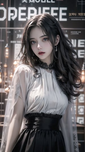 best quality, masterpiece, detailed, 16k, (color, colorful), (muted color, dim color), (noir), beautiful detailed face, beautiful detailed eyes, 8k, femalesolo, prefect body, prefect face, A korean cute girl, very fair skin tone, ((long white curly hair)), red shiny lips((heavy lower lips)), ((luxurious brown top and black long skirt)), (newspaper wall background), sweet smile, Detailedface,pastelbg,newspaper wall, ,magazine cover,upper_body
