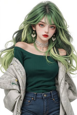 1girl, solo, long hair, looking at viewer, newspaper background, shirt, black hair, long sleeves, white background, jewelry, heart, multicolored hair, cowboy shot, earrings, green hair, choker, pants, off shoulder, mole, arm up, two-tone hair, sweater, makeup, black choker, denim, arm behind head, jeans, green shirt, red lips, green sweater