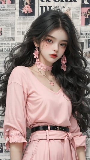 (A beautiful teen girl with a skinny body), (black wavy hair), she is wearing a (pink shirt), (black designed Palazzo pants), (waist ribbon belt), (flower choker), sneakers, fashion style clothing. Necklace, jewelry, mole, makeup, Her toned body suggests her great strength, newspaper background,(shot from a distance,medium full shot),skinny,