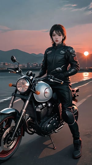 surreal, beautiful girl, wearing Geographer Motorcycle gear, at Sunset, split diopter, Movie still, Shameful, animification, photo_b00ster, brilliant composition