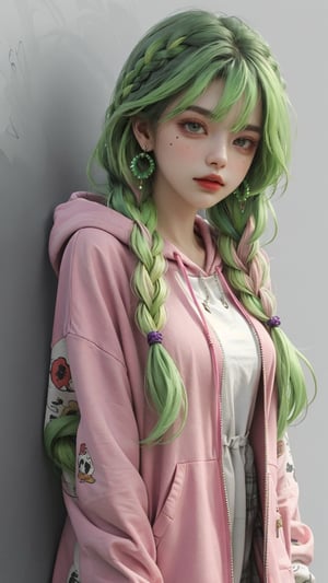 1girl, solo, long hair, looking at viewer, purple frock, red oversized hoodie, jewelry, closed mouth, green hair, pink hair, multi-tone hair, braid hair, twins braids, long hair, long wavy hair, cowboy shot, earrings, red hoodie, frock, mole, bracelet, lips, grey eyes, plaid, wavy hair, long frock, oversized_clothing, hoodie, photo, ((simple newspaper wall background)),fashiongirl