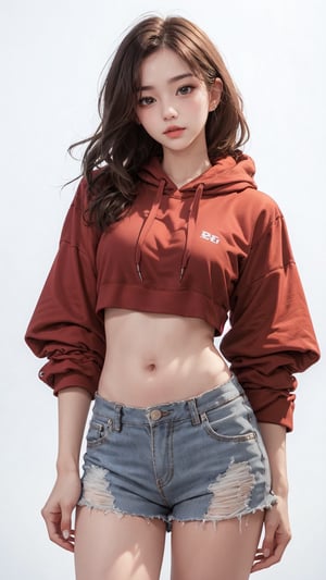 1girl, solo, long hair, (red full sleeves crop hoodie), (low rise shorts), (red sneakers), Confidence and pride,1 girl ,beauty,Young beauty spirit, realistic, ultra detailed, photo shoot, raw photo,white_background
