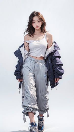 1girl, solo, long hair, white tank top, blue Off the shoulder jacket, baggy pants, sneakers, Confidence and pride,1 girl ,beauty,Young beauty spirit, realistic, ultra detailed, photo shoot, raw photo,white_background