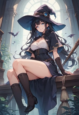 score_9, score_8_up, score_7_up, score_6_up, score_5_up, score_4_up, 1girl, black hair, blue eyes, long hair, smile, witch, sitting, on broom