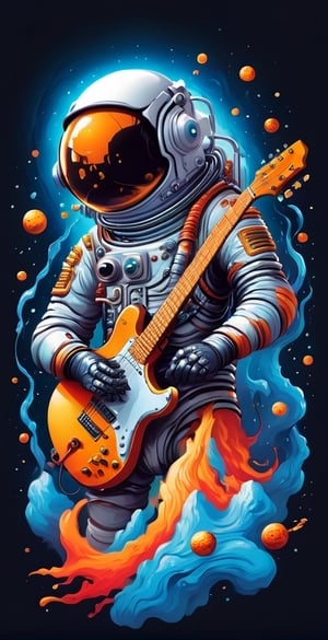 a man in a space suit playing a guitar, music symbol flying surround, inspired by Cyril Rolando, shutterstock, highly detailed illustration, full color illustration, very detailed illustration, dan mumford and alex grey style,tshirt design