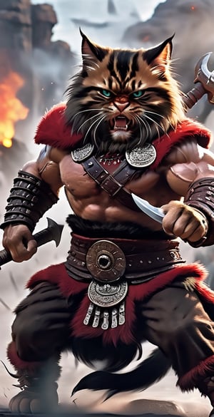 Barbarian Muscle Kitten warrior going berserker mode, badass, from Conan the Barbarian movie, Epic dynamic motion, smoke, fog, fire, explosions,
| shot on 70mm Panavision Panaflex using prime lens,
| meeow, purr, grumble, growl, hiss, 