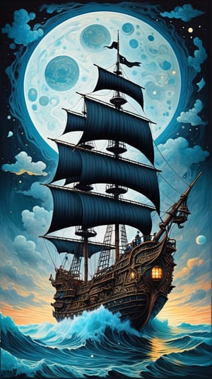 Best quality, high-res, full body portrait of a chibi greeble a pirate ship sails across moonlit seas, clouds, moon, stars, ghoulpunk, dynamic pose, dark synth, seeBlack ink flow: 8k resolution photorealistic masterpiece: by Aaron Horkey and Jeremy Mann: intricately detailed fluid gouache painting: by Jean Baptiste Mongue: calligraphy: acrylic: watercolor art, cinematic lighting, maximalist photoillustration: by marton bobzert: 8k resolution concept art intricately detailed, complex, elegant, expansive, fantastical, psychedelic realism, dripping paint, centered image, ultra detailed illustration, posing, (tetradic colors), whimsical, enchanting, fairy tale, (ink lines:1.1), strong outlines, art by MSchiffer, bold traces, unframed, high contrast, (cel-shaded:1.1), vector, 32k resolution, best quality, flat colors, flat lights. Art and mathematics fusion, hyper detailed, trending at artstation, sharp focus, studio photography, intricate detail, highly detailed, centered, perfect symmetrical,Monster