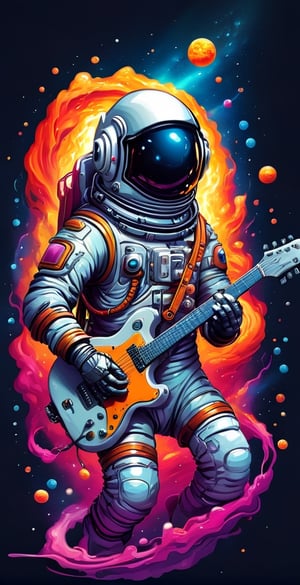 a man in a space suit playing a guitar, music symbol flying surround, inspired by Cyril Rolando, shutterstock, highly detailed illustration, full color illustration, very detailed illustration, dan mumford and alex grey style,tshirt design