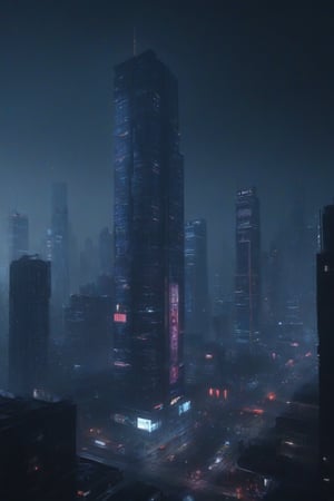 Photo realistic, cinematic, high quality, cyberpunk city, fog city, dark city dark environment, corporate cyberpunk building, skyscrapers, tall buildings, neon signs.

