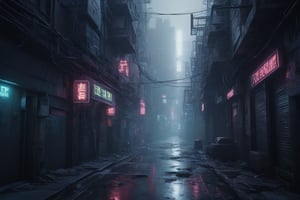 Photo realistic, cinematic, high quality, cyberpunk alley, narrow cyberpunk street, with neon signs, cables and pipes, shopping street, ventilation ducts, floor drains smoking, electric registers, abandoned look, fog city, dark city dark environment
