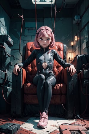 high resolution), (full image without cuts) (full body), 1 girl, alone, cyberpunk style, girl sitting in front, symmetrical image, 1 girl sitting in a cyberpunk armchair, surrounded by cables and screens, 1 girl dressed in full bodysuit, tight transparent bodysuit, girl sitting in an armchair with her legs open, platform heel shoes, short bob hair, pink hair, girl sitting in a cyberpunk room, aviation full of screens and cables, pipes and ventilation ducts,
dark atmosphere, cyberpunk, neon atmosphere,Cyberpunk,Mecha body