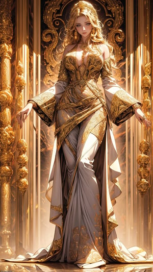 official art, unity 8k wallpaper, ultra detailed, beautiful and aesthetic, beautiful, masterpiece, best quality, tangle,The artwork features a fantasy empress with the most sumptuous wedding dress, intricately carved golden badges and tassels, very large sleeves, golden jewels, (Intricately carved marble background:1.8). (woman, very long hair, full body shot, majestic pose )