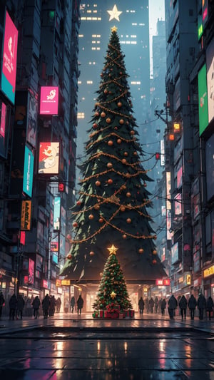 (((masterpiece))), high quality, extremely detailed, 4K, 8K, (cyberpunk city:1.3), (christmas tree:1.3), (present box:1.2), no human, super fine illustration, real photo, line art, approaching perfection, insanely detailed, concept art, epic, cinematic. Unreal engine 5,ink