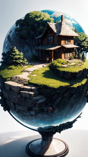 (best quality), (4k resolution), creative illustration of a miniature world on a white pedestal. The world is a green sphere with various natural and artificial elements. There is a river, trees, mountains, and a small house on the sphere. The image has a minimalist style with a light color palette that creates a contrast with the white background