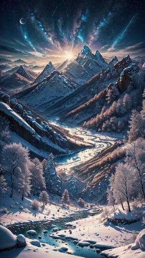 {{{masterpiece}}}, {{the best quality, super fine illustrations, beautiful and delicate water}}, {{very delicate light}}, nature, painting, fine lighting, more transparent stars, high-quality snowflakes, high-quality mountains, very fine 8KCG wallpapers}}, (plateau), (((snow mountain))), sunrise, randomly distributed clouds, snow field, cliff, rotating star sky, lake in mountain stream, luminous particles,More Detail,fantasy00d