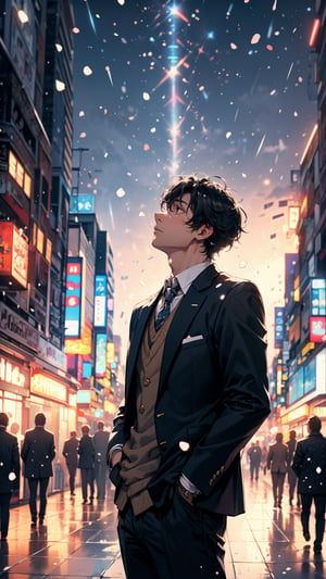A man, wearing a blazer, in the winter, in a sad city, looking up at the sky as snow is falling