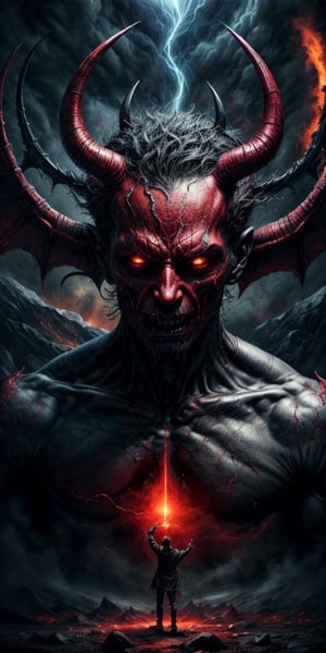 masterpiece,the devil of hell,EpicArt,High resolution rendering in 4K,a dark red aura emanating from one's body,looking down from the sky to the ground,detailed face,fantasy00d