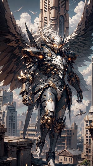 (ultra detailed),Best illustration,Indirect lighting,(black wings),(flying in the sky),armor, glowing eyes,1mecha,large wings