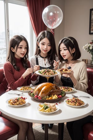 3 girls, happy, celebrating, turkey meal on circle table, colorful ballon at room, thanksgiving style decoration, coke