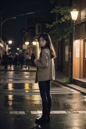 1girl, black hair color, long straight hair, slender body,medium breasts, leaf, silent street at night, (upper body: 1.2), (left rear view: 1.2), long cardigan, black pantyhose, short ankle boots, long pantskirt, raining