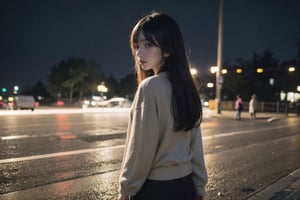 1girl, black hair color, long straight hair, slender body,medium breasts, leaf, silent street at night, (upper body: 1.2), (left rear view: 1.2), long cardigan, black pantyhose, short ankle boots, long pantskirt, raining, looking back