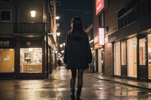 1girl, black hair color, long straight hair, slender body,medium breasts, leaf, silent street at night, (upper body: 1.2), (left rear view: 1.2), long cardigan, black pantyhose, short ankle boots, long pantskirt, raining