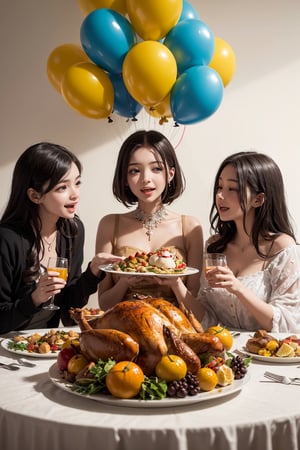 3 girls, happy, celebrating, turkey meal on circle table, many colorful ballons at room, thanksgiving style decoration, coke, yellow_color, orange_color, at night, beautiful light