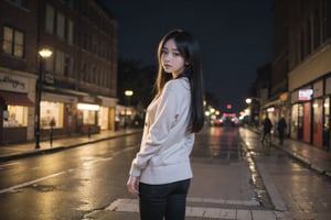 1girl, black hair color, long straight hair, slender body,medium breasts, leaf, silent street at night, (upper body: 1.2), (left rear view: 1.2), long cardigan, black pantyhose, short ankle boots, long pantskirt, raining, looking back