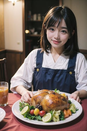 thanksgiving, 1girl, japanese girl, happy, dinner turkey, family
