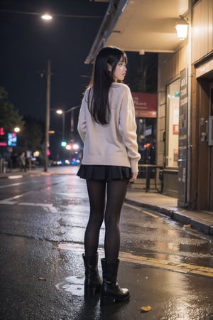 1girl, black hair color, long straight hair, slender body,medium breasts, leaf, silent street at night, (upper body: 1.2), (left rear view: 1.2), long cardigan, black pantyhose, short ankle boots, long pantskirt, raining, looking to the side,