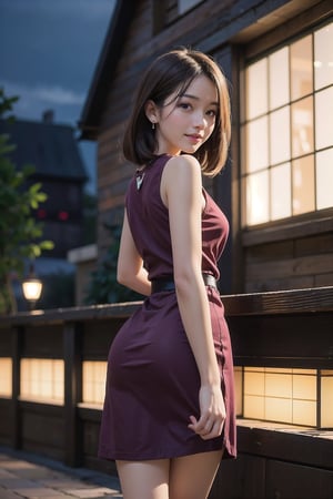 (full shot: 1.5), (from below: 1.1), (left rear view: 1.5), (Looking back at viewer: 1.5), (at night: 1.3), at big city, coffee in hand, smile, japanese girl, beautiful girl, slender girl, 1girl, (burgundy sleeveless dress: 1.3), earrings, walking, DSLR, masterpiece, photorealistic, 8k, ultra high res, true, best realism, correct anatomy, maximum realism, top quality, sharp, best quality, RAW photo, highly detailed			
