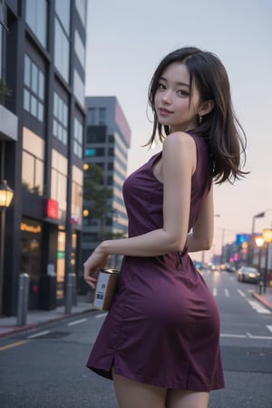 (full shot: 1.5), (from below: 1.1), (left rear view: 1.5), (Looking back at viewer: 1.5), at night, at big city, coffee in hand, smile, japanese girl, beautiful girl, slender girl, 1girl, burgundy sleeveless dress, earrings, walking, DSLR, masterpiece, photorealistic, 8k, ultra high res, true, best realism, correct anatomy, maximum realism, top quality, sharp, best quality, RAW photo, highly detailed			