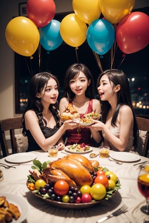 3 girls, happy, celebrating, turkey meal on circle table, many colorful ballons at room, thanksgiving style decoration, coke, yellow_color, orange_color, burgundy_color,  at night, beautiful warm light