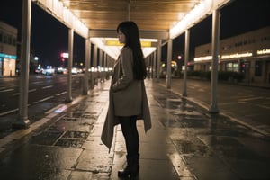 1girl, black hair color, long straight hair, slender body,medium breasts, leaf, silent street at night, (upper body: 1.2), (left rear view: 1.2), long cardigan, black pantyhose, short ankle boots, long pantskirt, raining