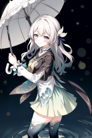1girl,firefly \(honkai: star rail\),grey hair,long hair,purple eyes,closed mouth,light smile, black thighhighs, best quality, masterpiece, highres, intricate details, looking slightly shyly to the side, dynamic angle, from side, from above, 1girl, solo, holding {transparent umbrella}, looking at viewer, blush, frilled shirt, lacing sleeves, miniskirt, boots, white background, ray tracing, blue light, {waterdrops}, ripples, reflection, light particles, bokeh,