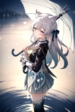 cat ears,1girl,firefly \(honkai: star rail\),grey hair,long hair,purple eyes,closed mouth,light smile, black thighhighs, best quality, masterpiece, highres, intricate details, looking slightly shyly to the side, dynamic angle, from side, from above, 1girl, solo, holding {transparent umbrella}, looking at viewer, blush, frilled shirt, lacing sleeves, miniskirt, boots, white background, ray tracing, blue light, {waterdrops}, ripples, reflection, light particles, bokeh,