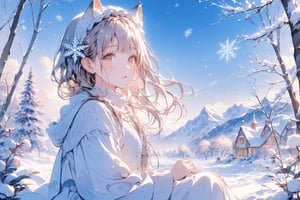 In this tranquil winter scene, a small, endearing young girl sits amidst a whimsical flurry of snowflakes. Her petite features are gently illuminated by soft, pastel hues that bathe her lovely face in an ethereal glow. Her eyes, hyperrealistically detailed with intricate facets, shimmer like diamonds against the subtle watercolor background's delicate gradations of color. As she sits in rapt attention, her mouth open in a silent whisper of wonder, the viewer is transported to a serene winter world of gentle snowfall and quiet contemplation.
