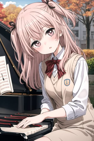 best quality, (masterpiece:1.2), detailed, dutch_angle, inui sajuna juju,1girl, solo, head tilt,parted_lips, blush,pink hair, pink eyes, long hair, looking at the viewer, two side up,

 Instrument: A girl playing a grand piano with piano keys visible, musical notes on the piano.,

 Multicolored Hair with Hair Ribbon: Hair featuring gradient hues, adorned with a hair ribbon.,

 Brown Dress and White Jacket: Outfit consisting of a brown dress paired with a white jacket.,

 Autumn Leaves: Incorporating the theme of autumn leaves in the background or as part of the scene. ,school uniform, sweater vest