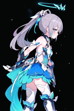 from side,look at viewer,1girl,head tilt,blush,herrscher of truth,halo, grey hair,grey eyes,ponytail,hair ornament,small breasts,dress,gloves,thigh boots or white thighhighs,universe