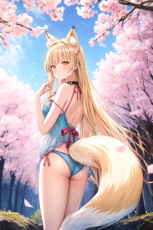 yellow hair, strap slip, long hair,curly hair, best quality, masterpiece, highres, 1girl,  Mahiru Shiina, intricate details, hairpin, looking slightly shyly to the side, dynamic angle, from side, from above, 

(pastel color:1.2), pop vibrant color, (nine-tailed fox), fox ears, (oriental lingerie with flowing ribbon), Rhinestone embroidery, cat-collar, spiritual forest, sakura, standing, elegant pose, spreading her tails, backlit, flying petals