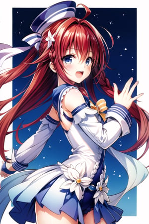 cowboy shot,1girl, kurosaki meia, solo, long hair, 😘,one-piece swimsuit,detached sleeves,sailor collar,sailor hat,blue eyes, braid, very long hair, open mouth, red hair, smile, hair ornament, white background, simple background, ahoge, :d, single braid, looking at viewer,

 night city background, night sky, stars, cloud, shooting star