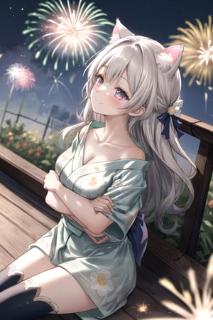 open arms,out stretched arms,hug viewer, open_clothes,nsfw, cat ears,1girl,firefly \(honkai: star rail\),grey hair,long hair,purple eyes,closed mouth,light smile, black thighhighs, best quality, masterpiece, highres, intricate details, looking slightly shyly to the side, dynamic angle, from above, 

 off shoulders, bare_shilders, bare_neck, collarbone, thighs,Detailedface,High detaile,sntdrs, ultra details, cowboy shot, DonMN30nChr1stGh0sts, 
 (festival, night, fireworks), yukata, viewing from below, viewing from side, smiling, blush, beautiful detailed hair, beautiful detailed skin, beautiful detailed light, shade, ((looking away, viewing from below)), ((looking up)), summer, sunshine (((fireworks, flowers, fire))), ((sitting))
