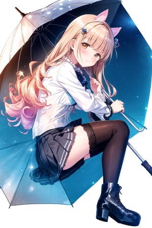 lace bra, long hair,curly hair, (folded dog ears: 1.1), best quality, masterpiece, highres, 1girl,  Mahiru Shiina, intricate details, hairpin, looking slightly shyly to the side, dynamic angle, from side, from above, 1girl, solo, holding {transparent umbrella}, looking at viewer, blush, black hair, hair ornaments, hairpin, frilled shirt, lacing sleeves, miniskirt, black legwear, boots, white background, ray tracing, blue light, {waterdrops}, ripples, reflection, light particles, bokeh,