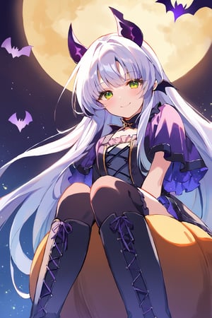 score_9, score_8_up,1girl, solo, , Altina Orion, white hair, long hair, sidelocks, tress ribbon, green eyes, flat chest, halloween dress, bat wings, multiple bat, purple bat ears, boots, floating, sitting on pumpkin, from below, looking at viewer, closed mouth, outdoors, night, glitter eyes,upper body, portrait, looking at viewer, smile