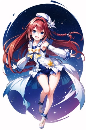 cowboy shot,1girl, kurosaki meia, solo, long hair, 😘,one-piece swimsuit,detached sleeves,sailor collar,sailor hat,blue eyes, braid, very long hair, open mouth, red hair, smile, hair ornament, white background, simple background, ahoge, full body, :d, single braid, looking at viewer,

 night city background, night sky, stars, cloud, shooting star