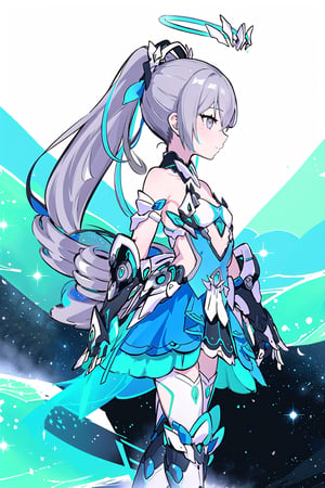 from side,1girl,head tilt,herrscher of truth,halo, grey hair,grey eyes,ponytail,hair ornament,small breasts,dress,gloves,thigh boots or white thighhighs,universe