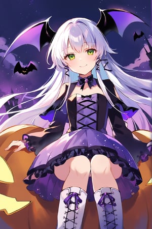 score_9, score_8_up,1girl, solo, , Altina Orion, white hair, long hair, sidelocks, tress ribbon, green eyes, flat chest, halloween dress, bat wings, multiple bat, purple bat ears, boots, floating, sitting on pumpkin, from below, looking at viewer, closed mouth, outdoors, night, glitter eyes,upper body, portrait, looking at viewer, smile