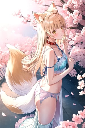 yellow hair, strap slip, long hair,curly hair, best quality, masterpiece, highres, 1girl,  Mahiru Shiina, intricate details, hairpin, looking slightly shyly to the side, dynamic angle, from side, from above, 

(pastel color:1.2), pop vibrant color, (nine-tailed fox), fox ears, (oriental lingerie with flowing ribbon), Rhinestone embroidery, cat-collar, spiritual forest, sakura, standing, elegant pose, spreading her tails, backlit, flying petals