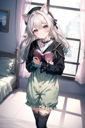 firefly \(honkai: star rail\), 1girl, solo, standing, grey hair, long hair, purple eyes, closed mouth, light smile, black thighhighs,

 
head tilt, dutch angle, (masterpiece, best quality:1.3), 8k ultra detailed, CG, warm and cozy atmosphere, cute and girly aesthetic, pastel pink color scheme, scenic, standing, solo,

(grey hair, long hair with ombre from black to white, curly hair, wearing a cat ear-shaped hat, thigh-high socks),

scenic background:

A bright and cheerful pink-themed bedroom, decorated with soft and fluffy pillows in shades of pink.
The walls and furniture are all in light pink or pastel pink, creating a sweet and inviting ambiance.
Lace curtains adorn the windows, allowing warm sunlight to filter into the room, casting a soft glow.
Plush toys and other cute decorations can be seen scattered around the room, adding to its charm.
Character:

A young girl sitting on the bed, surrounded by plush toys or reading a book.
She is dressed in adorable pajamas or a cute outfit that matches the room's aesthetic.
Atmosphere:

Create a warm and inviting atmosphere, evoking feelings of comfort and coziness.
Incorporate iconic elements such as hearts, stars, or flowers to highlight the girl's personality and preferences.